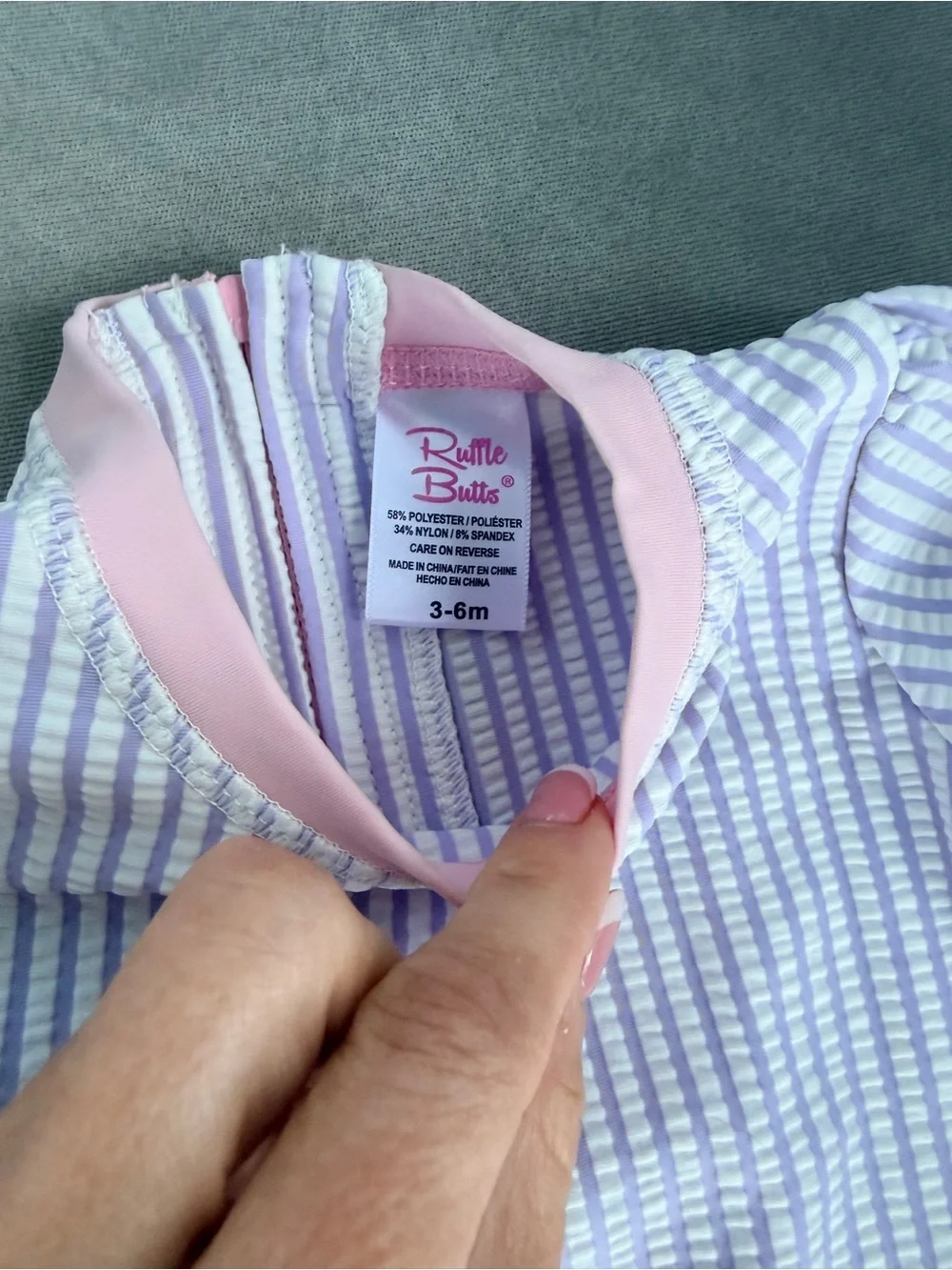 Ruffle Butts Lavender Seersucker Long-Sleeve One-Piece Swimsuit 3-6 EUC